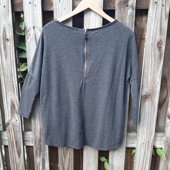 Zara W&B Collection Grey Top Back Zip Faux Leather Trim Dolman Bat Sleeve Size S - Picture 3 of 14